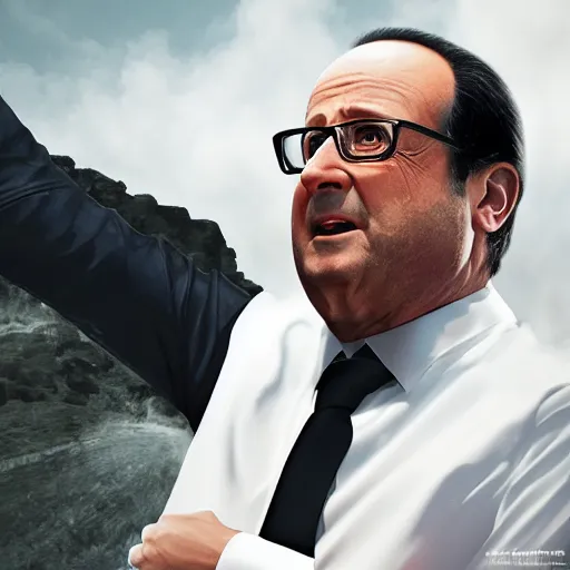 Image similar to François hollande with super saiyan hair charging up for a kamehameha, artstation, octane render, highly detailed