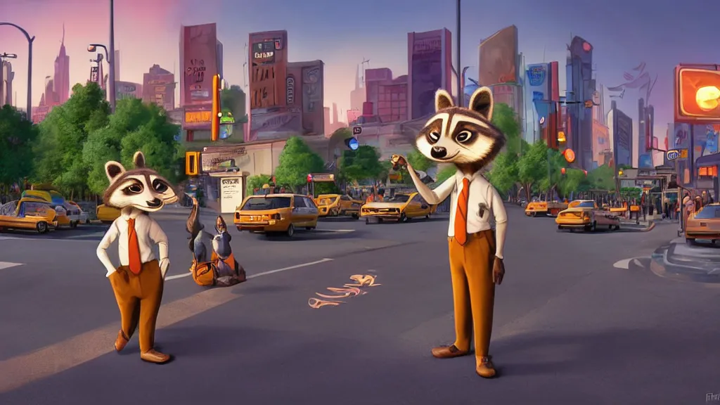 Image similar to An anthropomorphic raccoon businessman is walking down a busy crosswalk at sunset, warm lighting with an orange glow blanketing the cityscape, zootopia, other anthropomorphic characters are walking by him, extremely detailed, HDR, sideview, dramatic