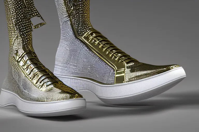 Prompt: one wire mesh hightop sneaker with neon illuminated soles on a white surface, clean 3 d render, beautiful studio lighting, soft, sharp focus, cyberpunk, intricate detail, gold filigree, art by iris van herpen and syd mead