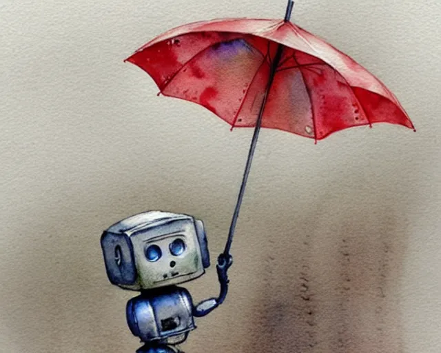 Prompt: a cute little robot holding an umbrella in the rain. gray sky, rain clouds, heavy rain. watercolor painting by jean - baptiste monge, muted colors