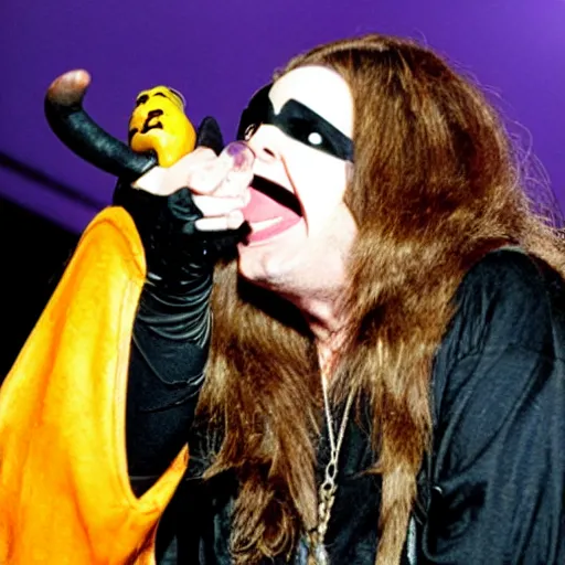 Prompt: ozzy Osborne Eating a man in a bat costume on stage, concert, mascot, crowd