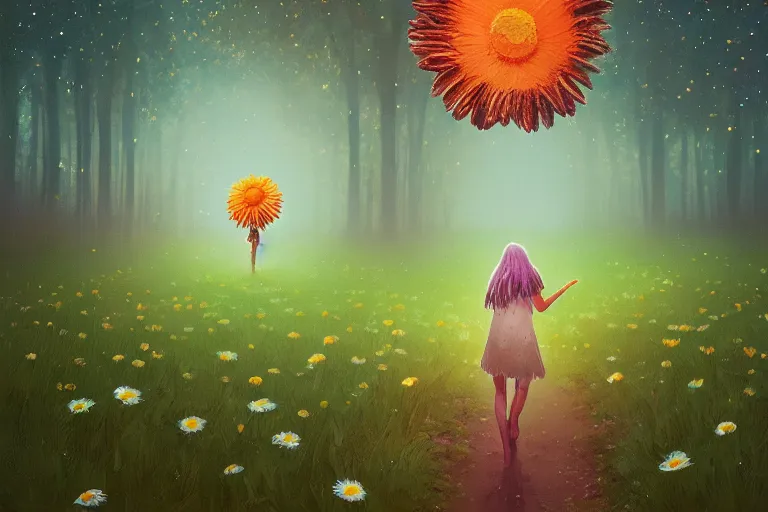 Image similar to giant daisy flower under head, girl walking in forest, surreal photography, dark night, stars, moon light, impressionist painting, clouds, digital painting, artstation, simon stalenhag