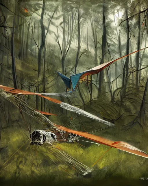 Prompt: ornithopter abandoned in a forest, illustration by wojciech siudmak, art station