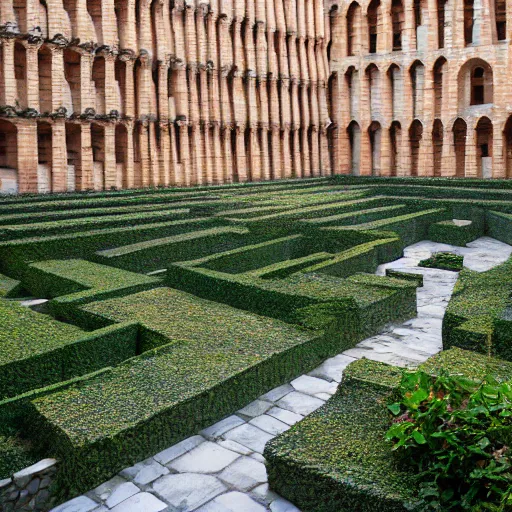 Image similar to courtyard complex of a labyrinthine monastary made of thousands of iteratively stacked and interlocked stones and bricks and wood, fusion of carlo scarpa and louis kahn, ivy growing on the bricks, people walking around and sitting on steps, architectural photography