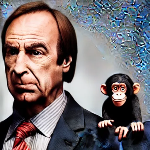 Image similar to saul goodman is a chimp hybrid with a machine gun, still from netflix