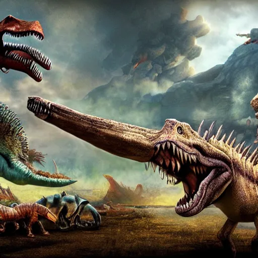 Prompt: dinosaur war, photo, hd,