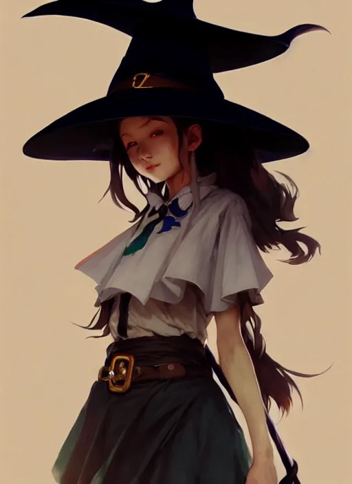 Prompt: rugged girl witch wearing magic school uniform, large wide - brimmed witch hat, cinematic, elaborate, elegant, masterpiece, illustration, digital painting, concept art, trending on artstation, pixiv, art by ruan jia and hong soonsang and wlop and artgerm and greg rutkowski and alphonse mucha