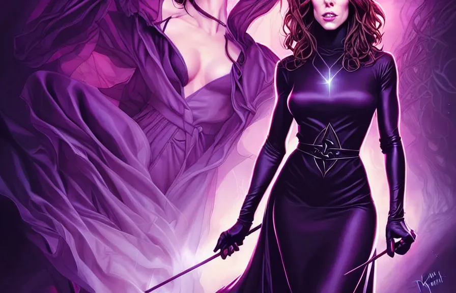 Prompt: kate beckinsdale comic cover art, artgerm, joshua middleton, pretty stella maeve witch doing black magic, serious look, purple dress, symmetrical eyes, symmetrical face, long black hair, full body, twisted evil dark forest in the background, cool colors