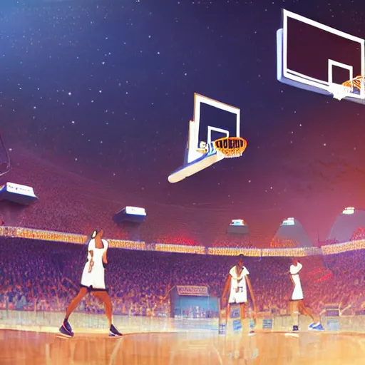 Prompt: Planet earth dunk in basket by a basketball player, extra detailed, digital illustration, by Makoto Shinkai and thomas kinkade, digital painting, Matte painting, trending on artstation and unreal engine