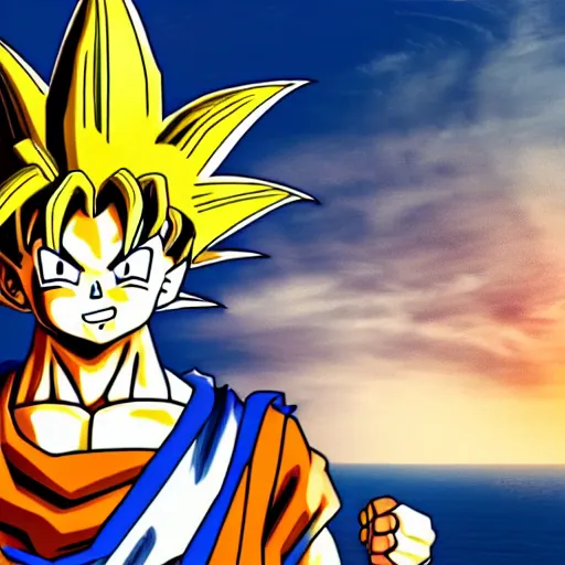 Image similar to highly detailed photo of goku wearing black tuxedo standing in front of statue of liberty, anime concept art, symmetrical face, smiling, clear nose, golden hair highly detailed, 8 k