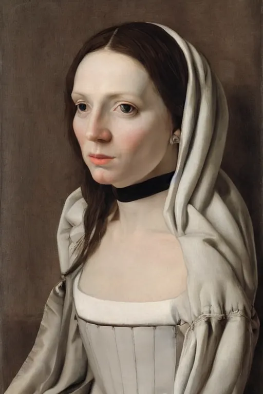 Prompt: hyperrealism close-up portrait of medieval female in black stripes, pale skin, wearing white silk, in style of classicism