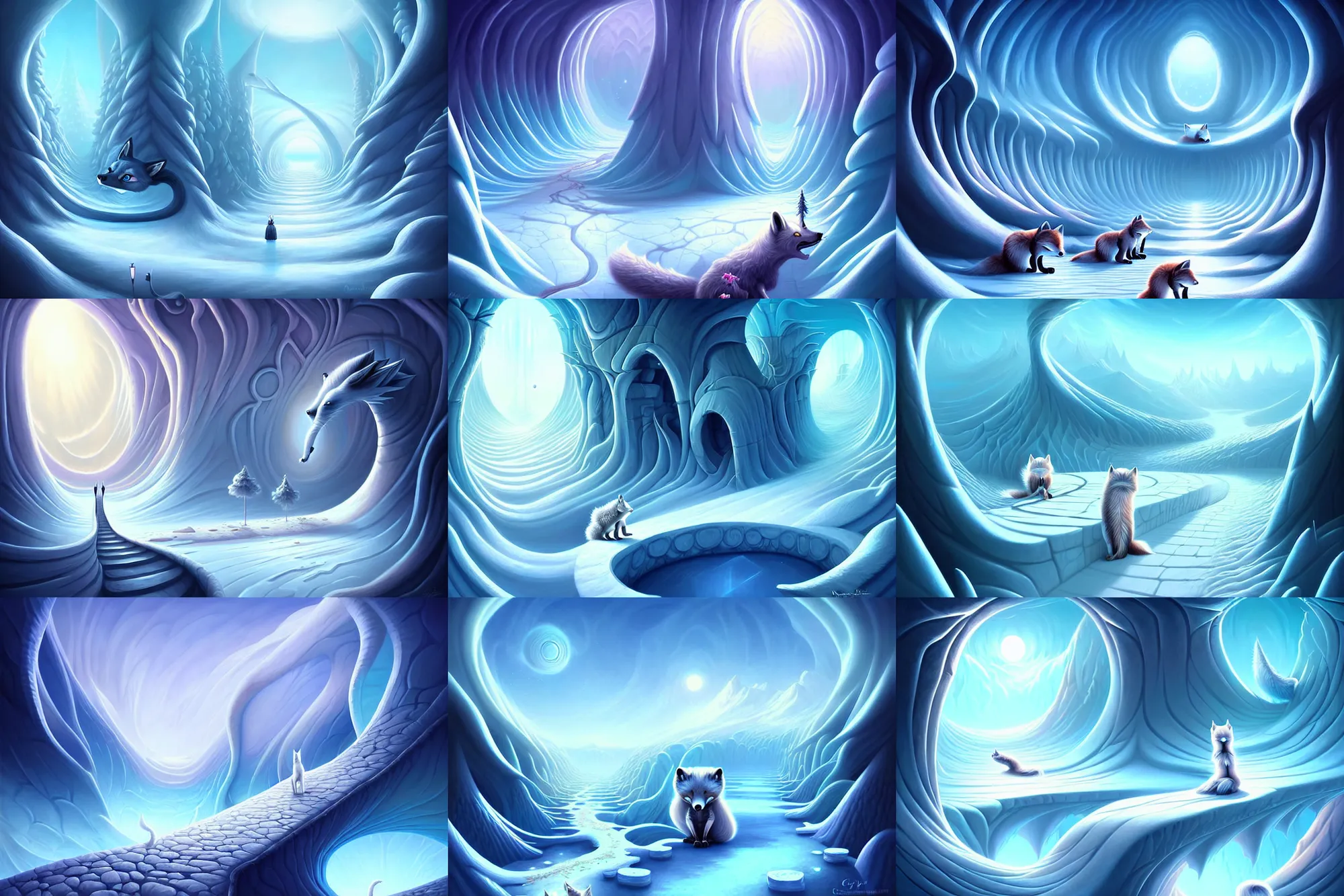 Prompt: beguiling epic stunning beautiful insanely detailed matte painting of an impossible path winding through arctic dream worlds, vast surreal ice interior architecture, by cyril rolando, by asher durand, by natalie shau, masterpiece, imaginative, whimsical, a small arctic fox spirit