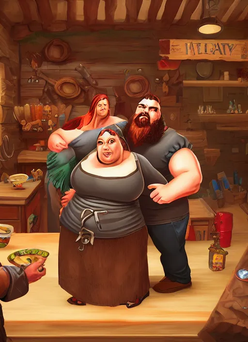 Prompt: an epic fantasy comic book style portrait painting of a hearty man with a big belly and thick beard and large woman who are a couple in a tavern with them both wearing aprons, unreal 5, daz, hyperrealistic, octane render, cosplay, rpg portrait, dynamic lighting