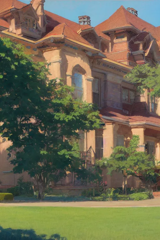 Prompt: painting of ouran highschool academy, front view, calm, afternoon day, bright, artwork by jeremy lipkin and giuseppe dangelico pino and michael garmash and rob rey and greg manchess and huang guangjian and makoto shinkai, sharp edges, simple form, 1 0 0 mm