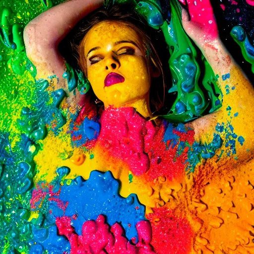 Prompt: a photo of a woman drowning in different colourful slime with golden sprinkles. moody and melanchonic.