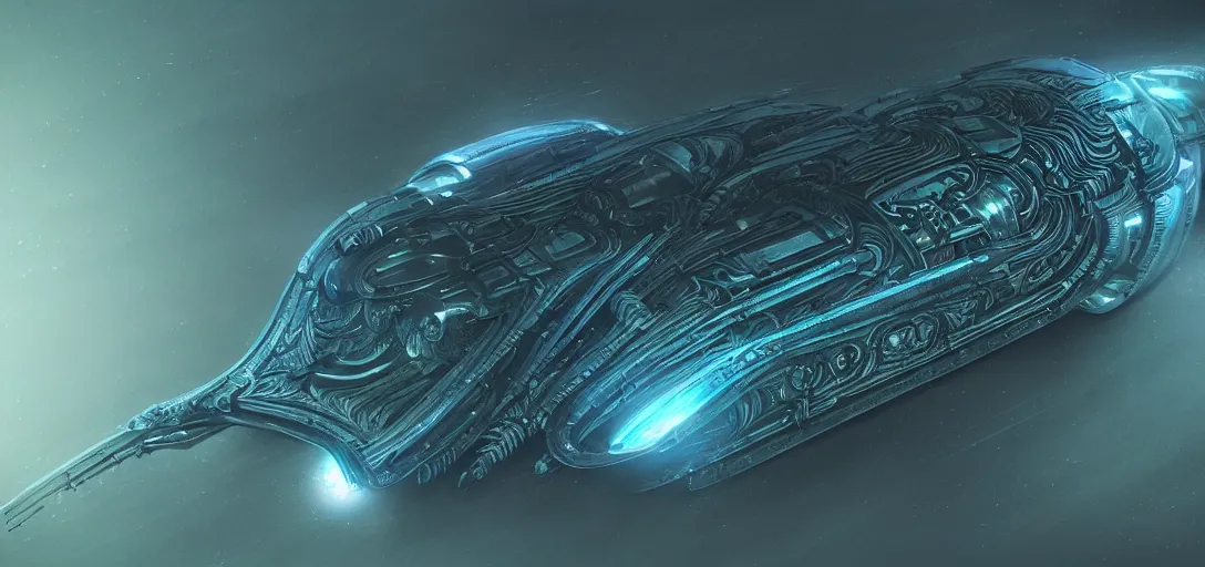 Prompt: Dune spaceship by H.R. Giger, pen and ink, ornate, details, smooth, sharp focus, illustration, realistic, cinematic, artstation, award winning, rgb, ethereal blue lighting, cyberpunk look, biomechanical mask. bio luminescent biomechanical, halo, jellyfish. , unreal engine, octane render, cinematic light, iridescent details, iridescent colors, dichroic, macro, depth of field, blur, 8K,