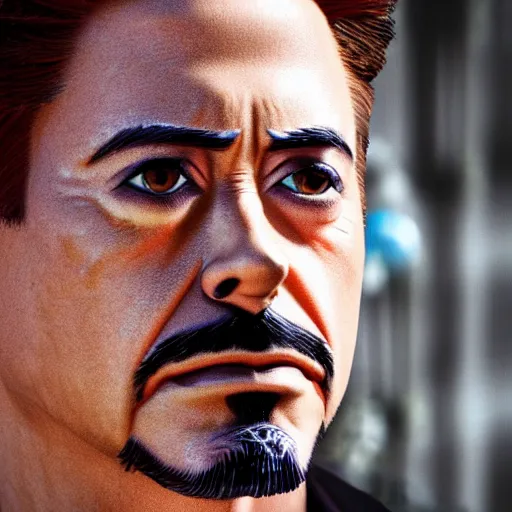 Image similar to tony stark wearking makup in the gay parade, 8k resolution, close-up shot, hyper-detailed