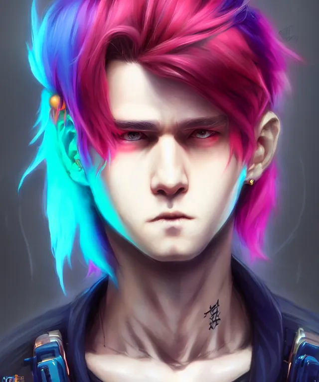 Image similar to character concept art of a cute cyberpunk boy with colorful hair and piercings | | cute - fine - face, pretty face, key visual, realistic shaded perfect face, fine details by stanley artgerm lau, wlop, rossdraws, james jean, andrei riabovitchev, marc simonetti, and sakimichan, trending on artstation