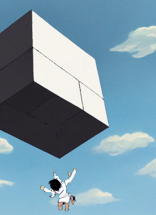 Image similar to a cell - shaded studio ghibli concept art study of a grey cube in the sky. a fighter shot is chasing the cube. wide shot, very dull colors, hd, 4 k, hq