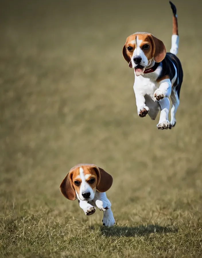 Image similar to a beagle running in a field, 8k, depth of field.