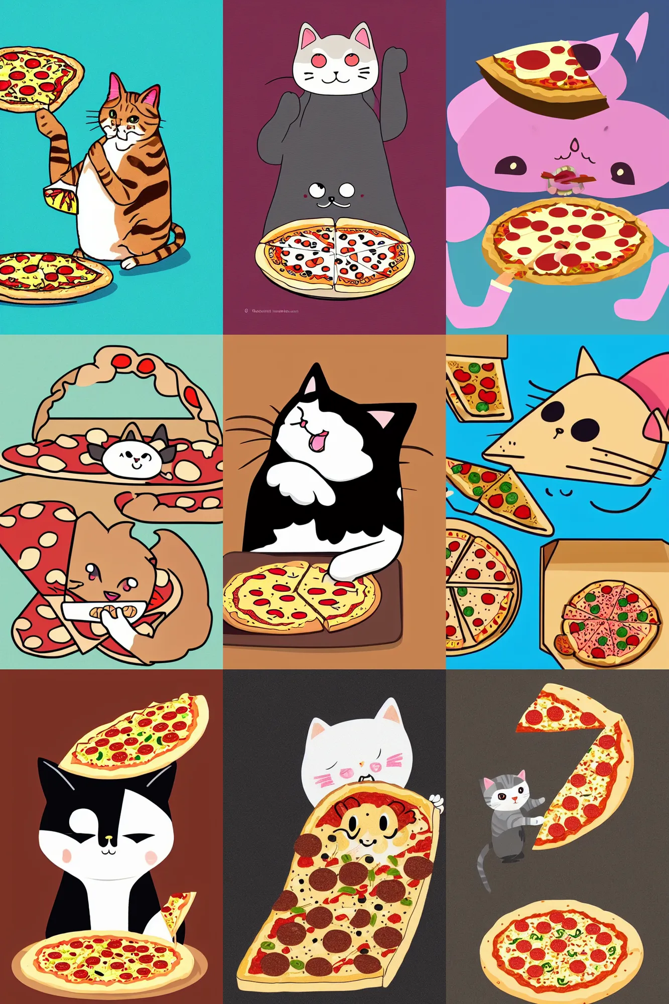 Prompt: Kawaii illustration of a cat eating pizza