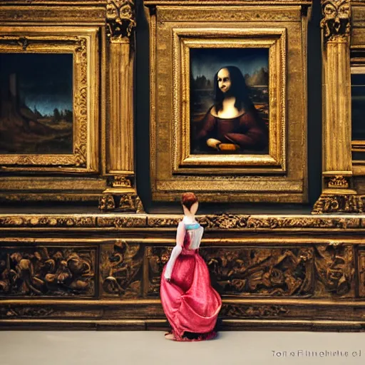 Image similar to shot from a distance, full room view, renaissance, rococo, manga, tonal, young lady, thin, dark hair, wearing flowing long dress, flowers, viewing the mona lisa painting inside the lourve