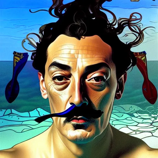 Prompt: portrait of salvador dali snorkeling in cap de ras, highly detailed, digital painting, artstation, sharp focus, illustration, art by tan zi and alphonse mucha