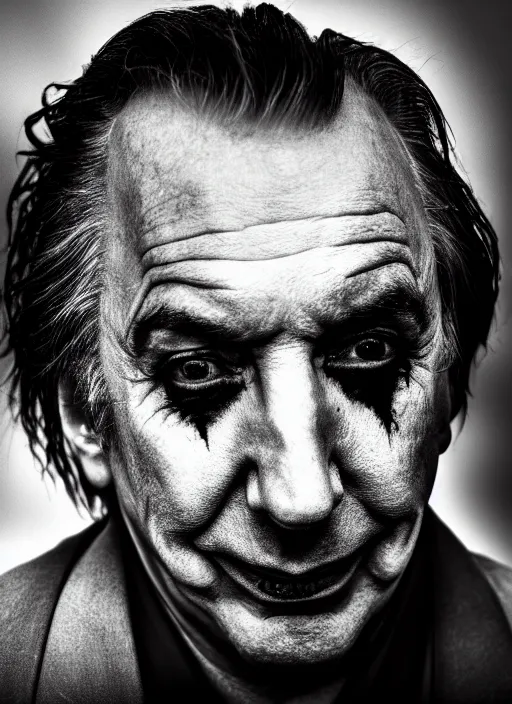 Prompt: photo of Alan Rickman as the Joker by Lee Jeffries and Eolo Perfido, grotesque smile, detailed, award winning, Sony a7R