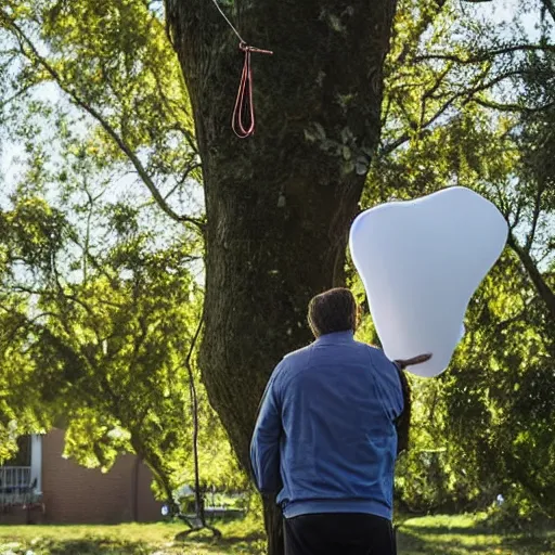 Prompt: a man stands looking at a anatomical heart shaped balloon with a noose hanging from it