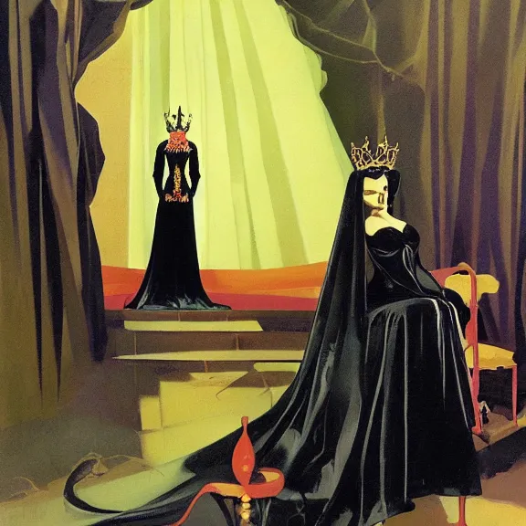 Image similar to an oil painting of a queen in a black funeral dress sitting on a throne, by bruce pennington, by eyvind earle, nicholas roerich, by frank frazetta, by georgia o keeffe