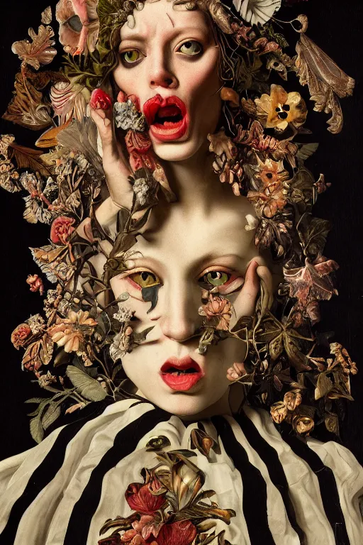 Prompt: Detailed maximalist portrait with large lips and with large white eyes, angry, exasperated expression, extra fleshy hands, high fashion, botany, HD mixed media, 3D collage, highly detailed and intricate, surreal illustration in the style of Caravaggio, dark art, baroque