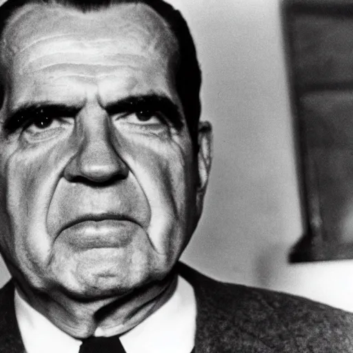 Prompt: mugshot of Richard Nixon holding prisoner number board