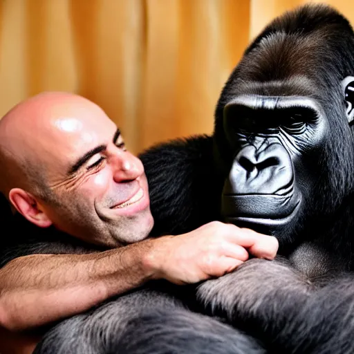 Image similar to joe rogan spooning with a gorilla in a five start hotel, honeymoon photoshoot