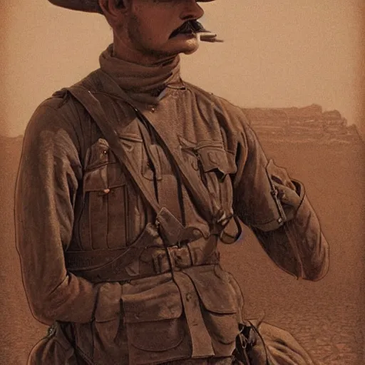 Image similar to a detailed photorealistic sepia - toned color portrait painting of a 1 9 1 7 worried clean - shaven british lieutenant in detailed field gear wearing a finely - detailed pith helmet in wadi rum, ultra realistic, intricate details, atmospheric, dark, horror, brooding, highly detailed, by clyde caldwell