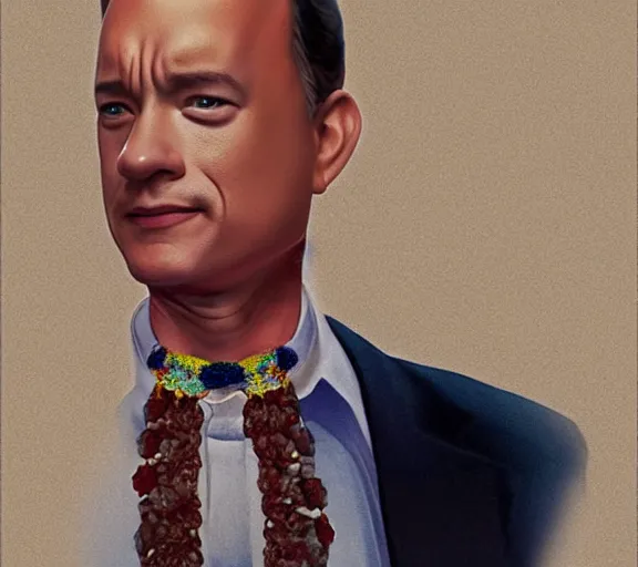 Prompt: Tom hanks as forrest gump wearing a necklace of shrimps around the neck, realistic face, digital art, in the style of Vitaly Samarin Alexiu, amazing detail, artstation
