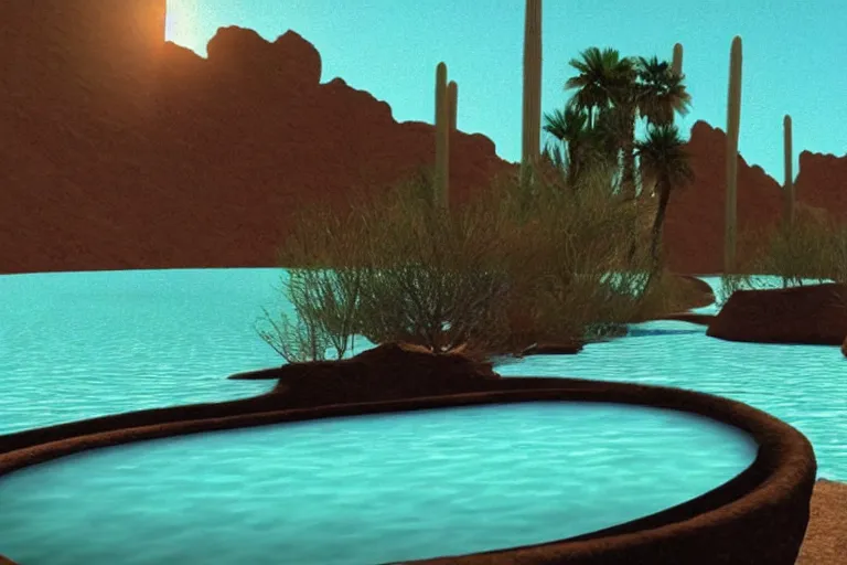 Image similar to desert oasis in a translucent aqua casing electronic environment, ps 3 screenshot, still from a kiyoshi kurosawa movie