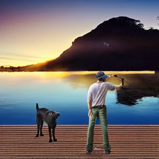 Image similar to an australian man, facing away from the camera towards a sunrise, over a reflective lake, fishing rod set up next to the man, with tackle box and a dog sleeping on the ground, awe inspiring award - winning, matte painting