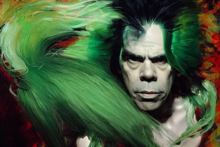 Image similar to a portrait of nick cave with green hair, masterpiece, dramatic lighting, stunning painting by ruan jia, jakub rebelka and artgerm