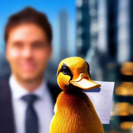 Image similar to portrait photograph of a businessman with a duck head, award winning, realistic, out of focus cityscape in background