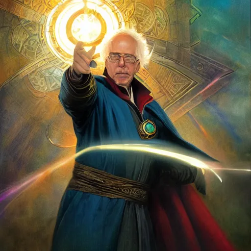 Image similar to bernie sanders as doctor strange, radiant light, caustics, heroic, bright iridescent light, by gaston bussiere, bayard wu, greg rutkowski, maxim verehin