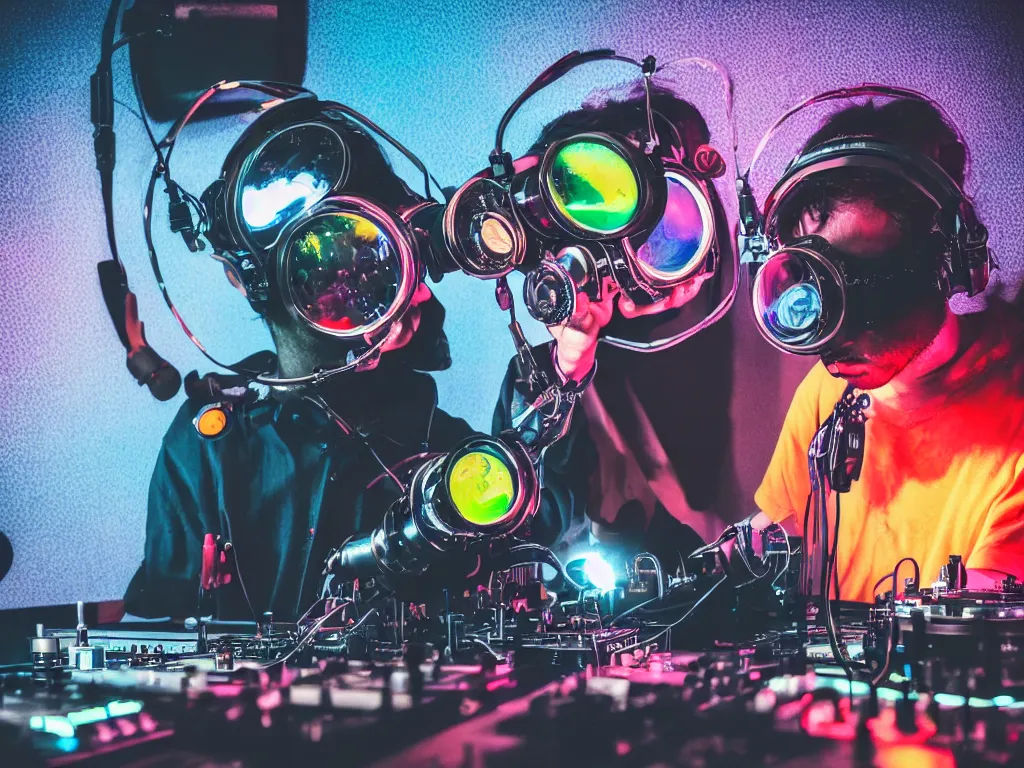 Image similar to a person wearing goggles and visor and headphones using a steampunk record player contraption, wires and tubes, turntablism dj scratching, intricate planetary gears, cinematic, imax, sharp focus, leds, bokeh, iridescent, black light, fog machine, hazy, lasers, hyper color digital art, cyberpunk