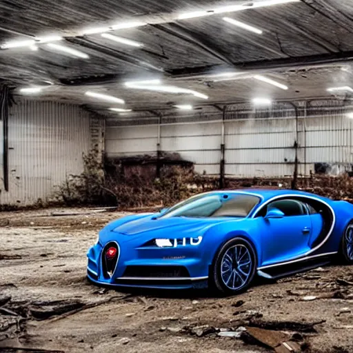 Image similar to an abandoned, derelict, rusty bugatti chiron in a dirty warehouse