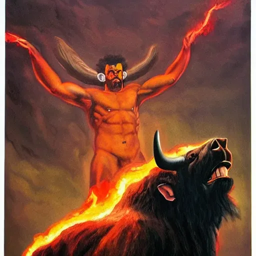 Image similar to Artwork by Brom, A large black bison with fiery eyes, Bison God, Ancient, a scene from the TV show, American Gods