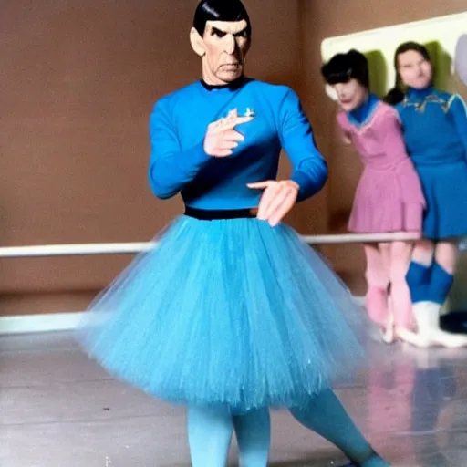 Image similar to color photo of spock wearing a blue tutu!!! taking ballet lessons from a female klingon!!!!!!!!!!!!!