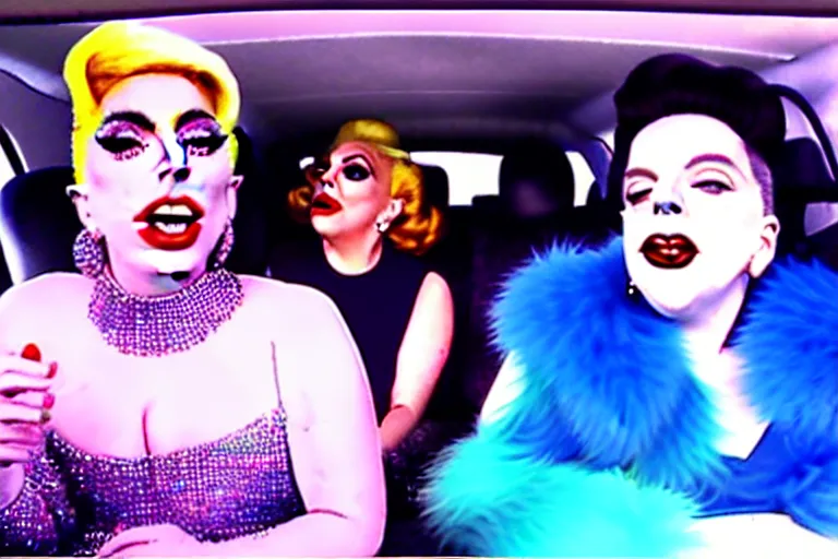 Image similar to lady gaga and judy garland doing carpool karaoke, lady gaga and judy garland, carpool karaoke, lady gaga, judy garland, carpool karaoke, youtube video screenshot, the late late show with james corden