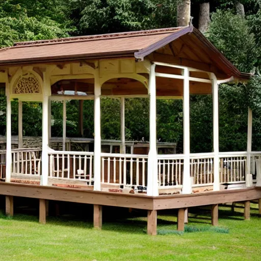 Image similar to roofed elevated veranda of a brown wooden summerhouse with a white swinging garden hammock