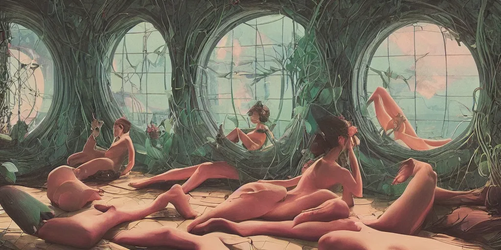 Prompt: illustrated figures relaxing in 90s interior with organic circular windows, natural starlight, bright colors, romantic greenery, flowers, cinematic, cyberpunk, smooth, chrome, lofi, nebula, calming, dramatic, fantasy, by Moebius, by zdzisław beksiński, fantasy LUT, studio ghibli, high contrast, epic composition, sci-fi, dreamlike, surreal, angelic, 8k, unreal engine, hyper realistic, fantasy concept art,