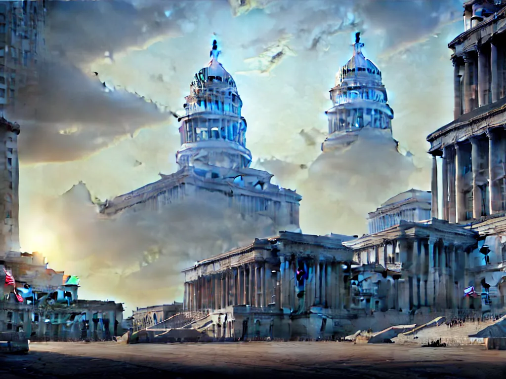 Image similar to matte painting by fan wennan. future capitol of the american communist party shining in the sun after the triumph of socialism in america, hyperdetailed, cinematic, photorealistic, hyperrealism, masterpiece, future communist governmental architecture, statue, imposing, strength, abundance. america 2 0 9 8