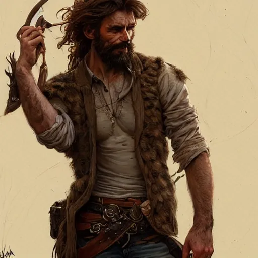 Prompt: portrait of a rugged ranger, full body, open shirt, hairy torso, D&D, fantasy, intricate, elegant, highly detailed, digital painting, artstation, concept art, matte, sharp focus, illustration, art by Artgerm and Greg Rutkowski and Alphonse Mucha