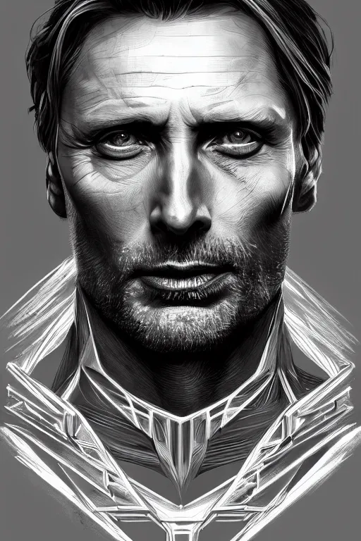 Image similar to symmetry!! portrait of mads mikkelsen in the style of horizon zero dawn, machine face, intricate, elegant, highly detailed, digital painting, artstation, concept art, smooth, sharp focus, illustration, art by artgerm and greg rutkowski and alphonse mucha, 8 k